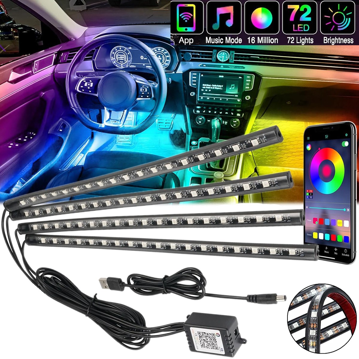 Car Interior Neon Light Usb - 4 قطع من أشرطة الإضاءة الداخلية