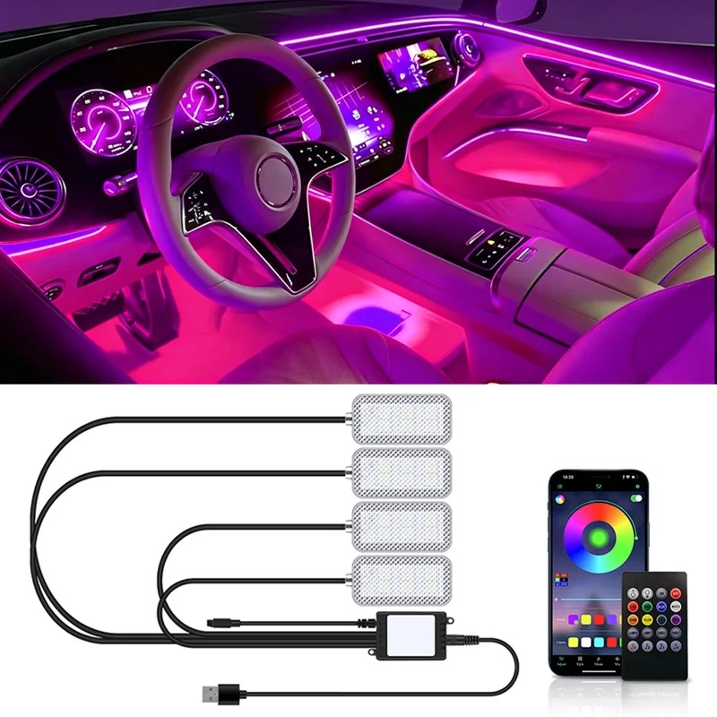 Car Ambient Light Kit With Remote - إضاءة داخلية للسيارة بتقنية النيون LED،