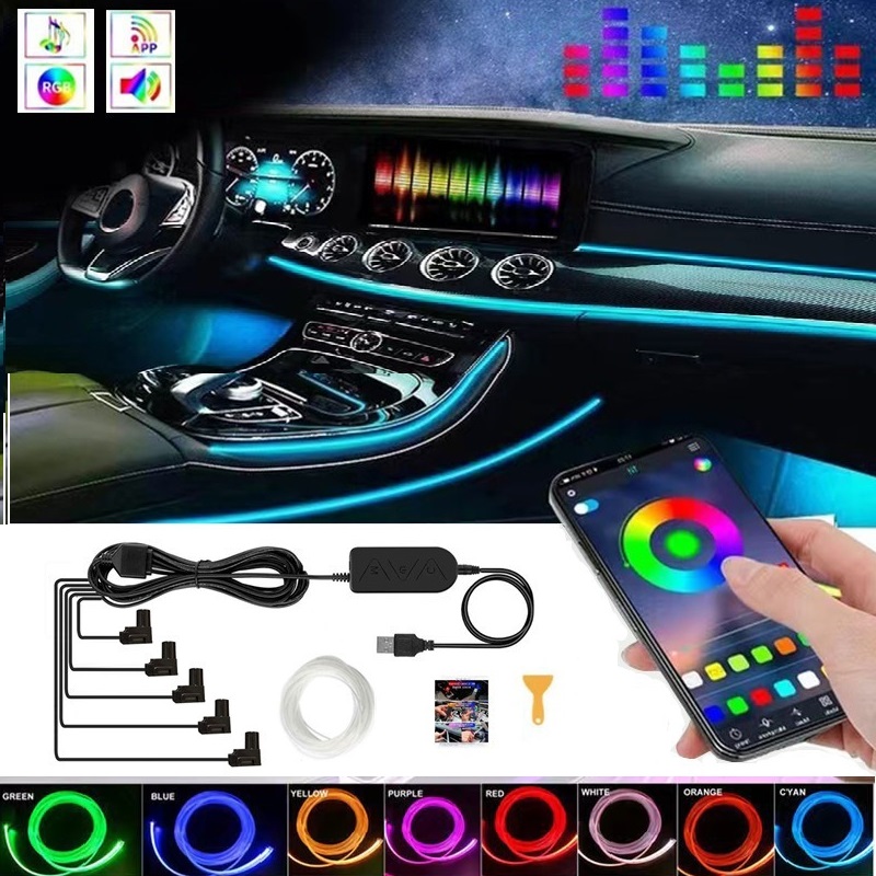 Car Ambient Light Fiber Optic 6M - سيارة RGB المحيطة مصباح ليد قطاع