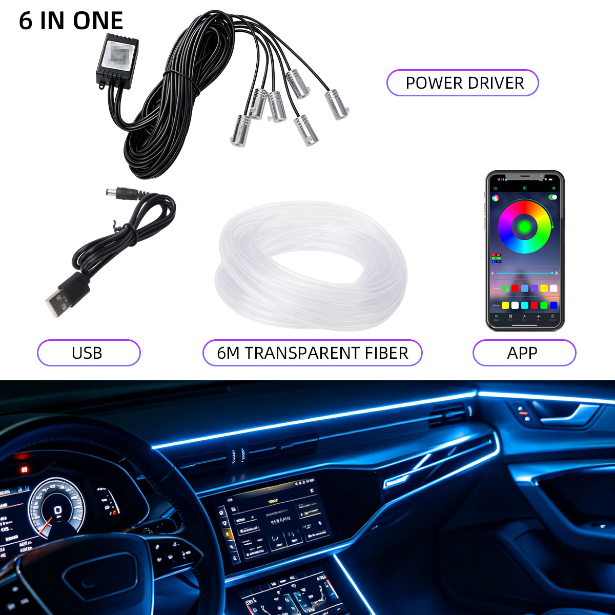 Car Dashboard Light Fiber Optic - شريط إضاءة داخلي للسيارة 4/5/6 في
