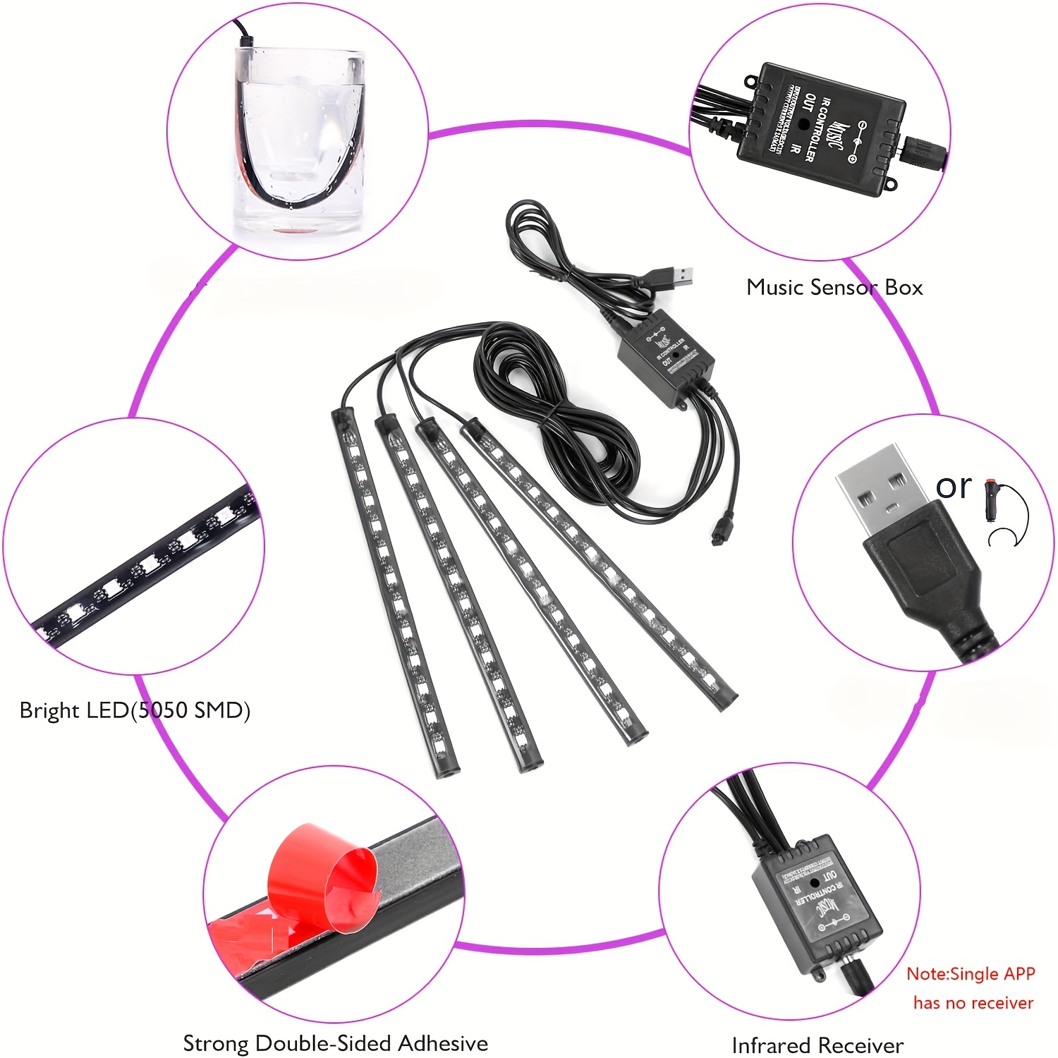 إضاءة داخلية نيون LED للسيارة، - مراجعة Car Ambient Light Kit With Remote وسعره