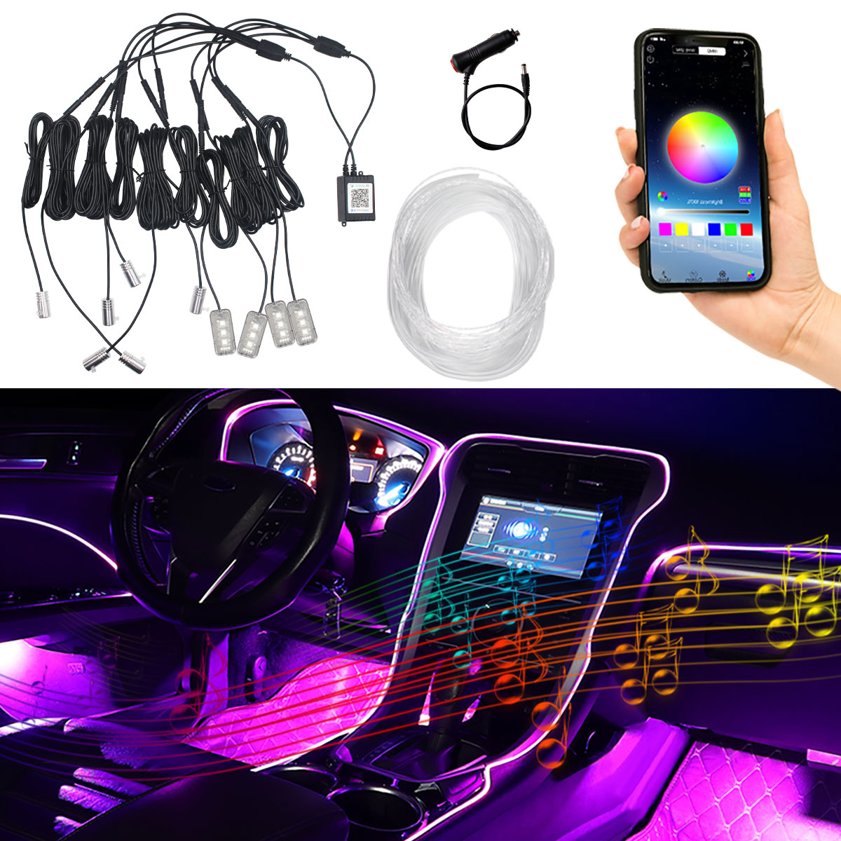 شريط إضاءة LED باردة من الأليا - مراجعة Car Dashboard Light Fiber Optic وسعره